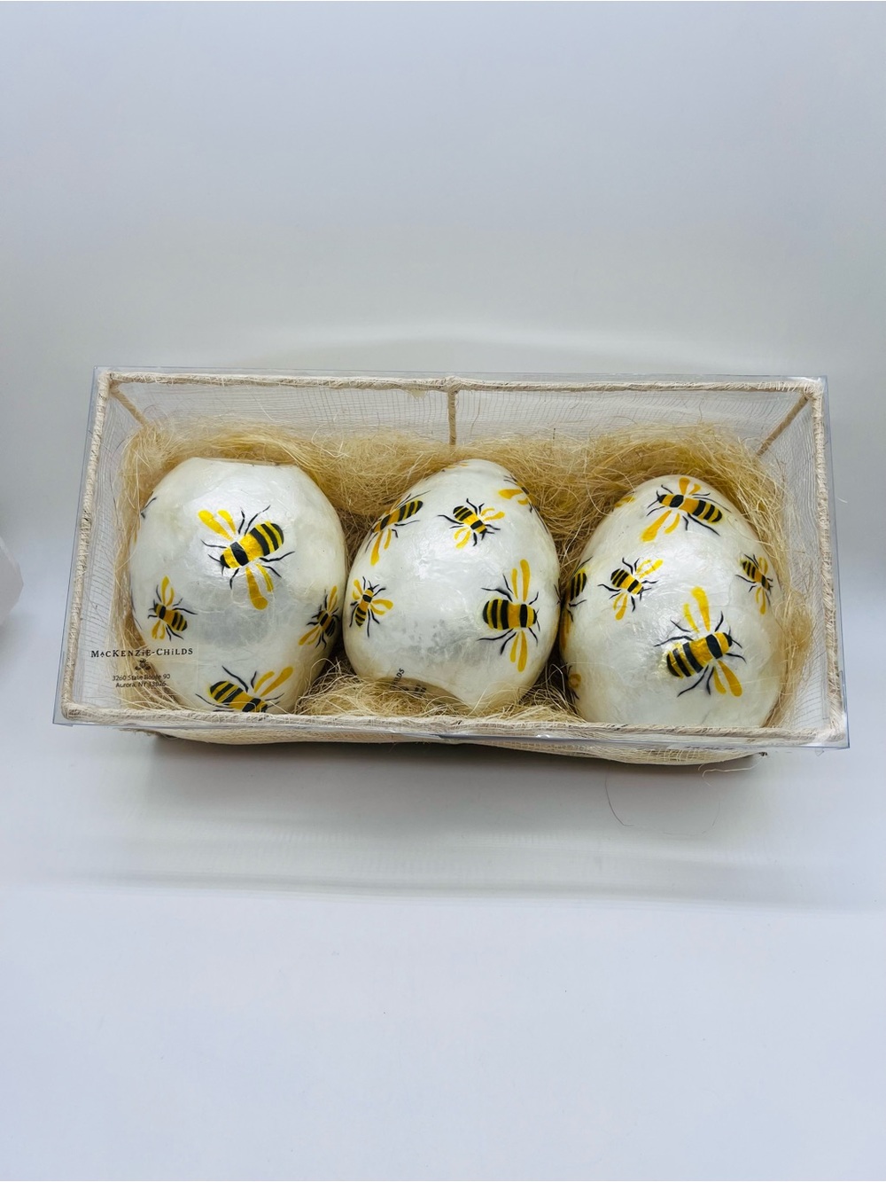 MacKenzie-Childs Queen Bee Egg Trio - White, Yellow & Black NIB